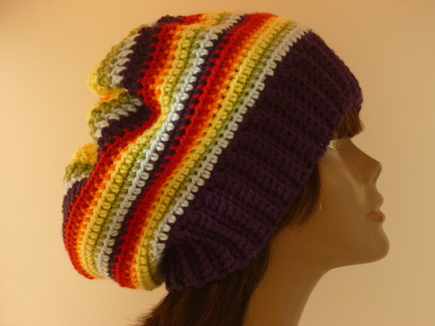 Autumn Hat  Collection - Crochet Rainbow  Mens Womens Oversized Slouch  Beanie with Ribbed Brim