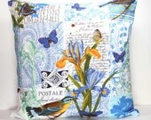 Decorative Throw Pillow Cover 18 x 18 Inch - Paris Blue - French Post Cards, Birds, Butterflies, and Flowers - Invisible Zipper Closure