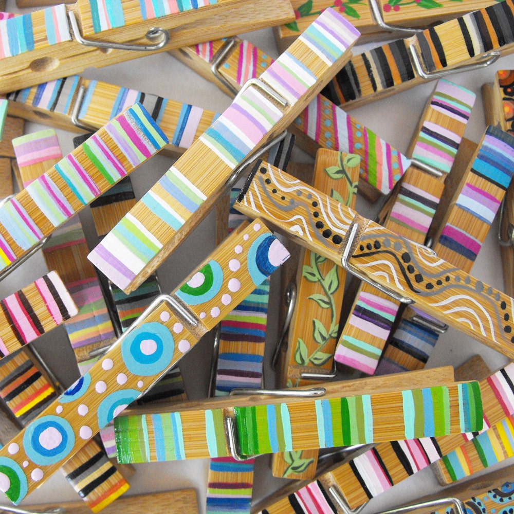 Clothespins - Set of 5 Decorative Hand Painted Bamboo Clothes Pin Clips - Many Practical Uses