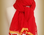 Large red scarf - poppy muslin cotton wrap - tri toned bobble trim shawl - neck warmer - cotton scarf - shoulder wrap.