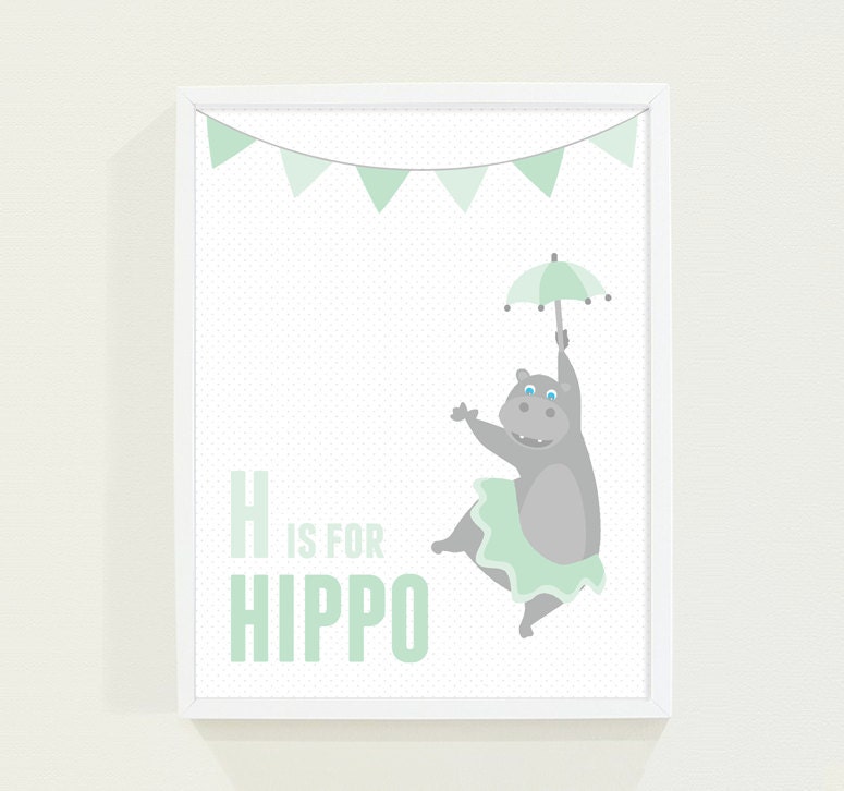 Mint Green Hippo Alphabet Posters - Mint Green Nursery Art - Kids Room Art - Pastel Alphabet Print Circus Children's Wall Art - Wall Decor