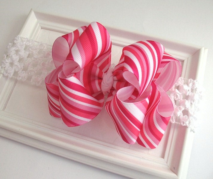 Baby Christmas Bow Headband Pink Ribbon Candy Cane Striped Double Layer Boutique Bow with Crochet Style Headband - PinkLemonadeDuxbury