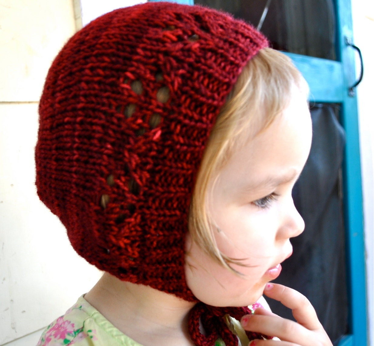 Made to Order Childrens Hand Knit Merino Wool Ruby Bonnet Tie Hat