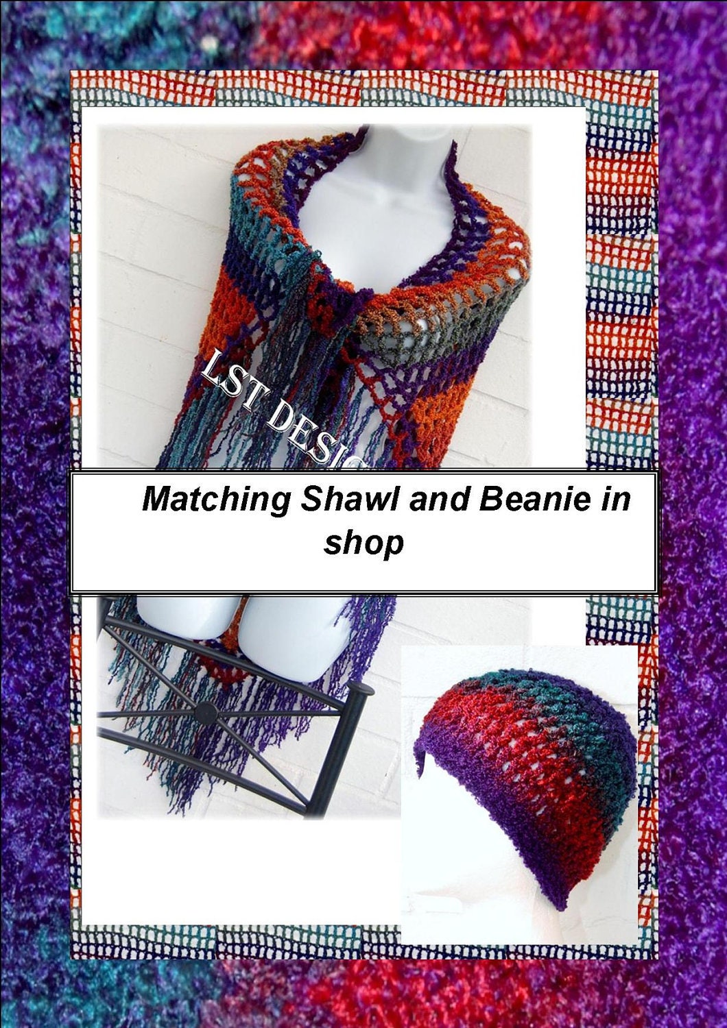 Hand crocheted fringed shawl for all seasons (matching beanie in shop as well)