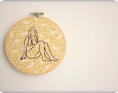 Embroidery hoop art original pin up girl art LONG HAIR on vintage fabric in yellow