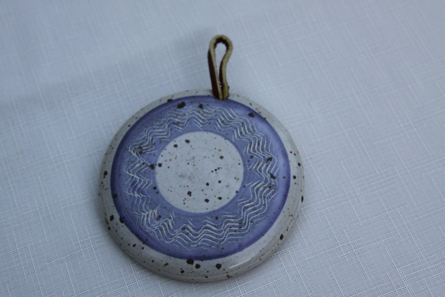 Vintage Pottery Bunwarmer Circle design  in periwinkle blue and gray Signed Bun Warmer