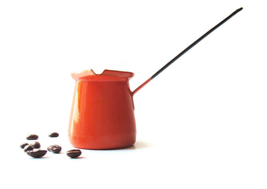 Vintage Turkish Coffee Pot Enamelware - cezve - ibrik - orange