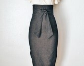 High Waist Pencil Skirt Womens Clothing in Black & Gold Pinstripe Denim Custom Made - FineThreadz