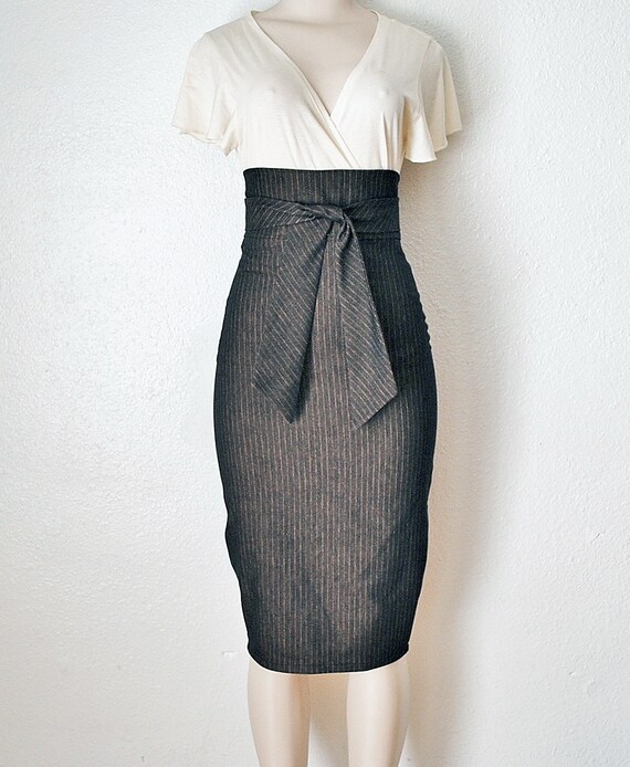 High Waist Pencil Skirt Womens Clothing in Black & Gold Pinstripe Denim Custom Made