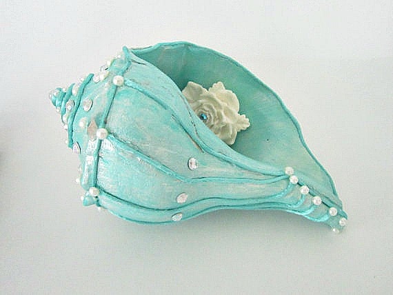 Hand Painted Conch Shell aqua with pearls cording and vintage jewelry