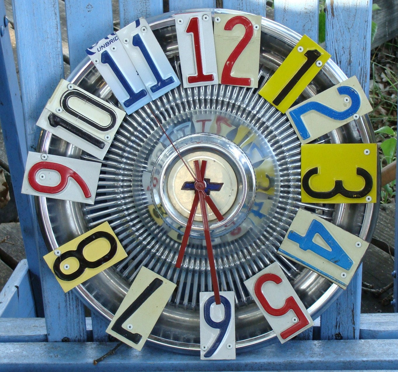 Vintage Chevrolet Hubcap License Plate Wall Clock Upcycled