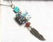 Amber and Mother of Pearl Feather Pendant Necklace on Long  Chain, Antique Brass, Turquoise Glass, Bohemian, Layering, Handmade