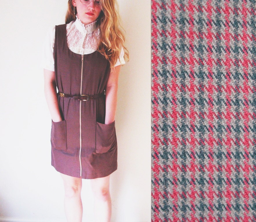 SALE // vintage 1960s Dress // Handmade Jumper // Brown Houndstooth // XS/S