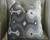 Decorative Designer Lumbar Pillow Cover - 20"X20" - Schumacher Darya Ikat in Stone  - Pattern on the front