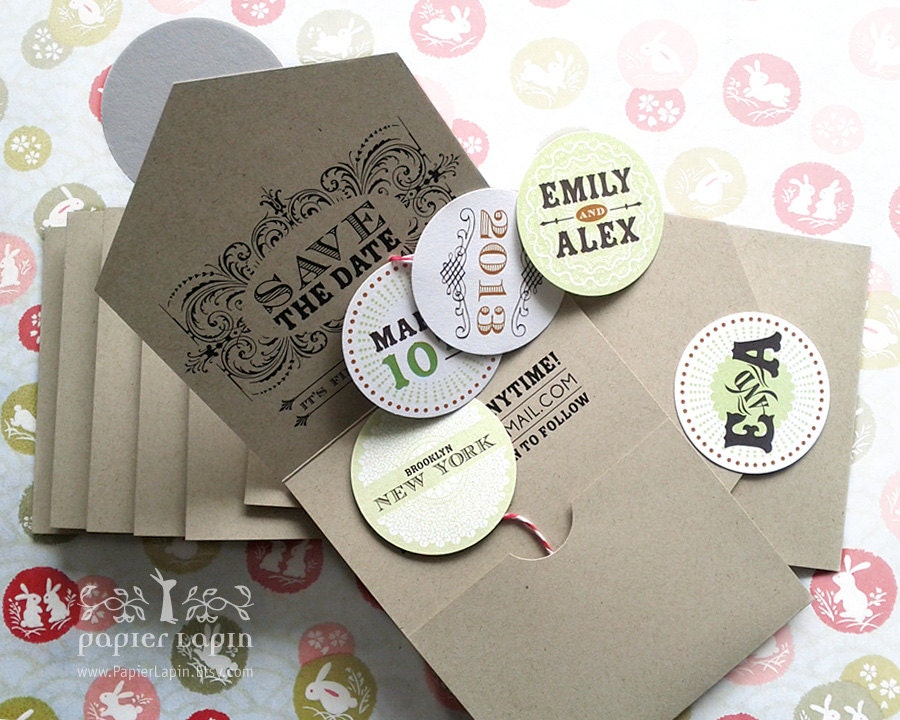 Open Me Softly - eco-friendly save-the-date, self-mailer, kraft paper, pull out bubbles, quirky & whimscial // DEPOSIT
