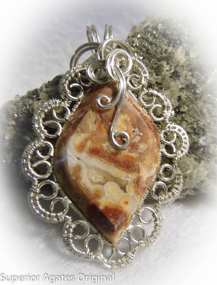 Mexican Crazy Lace Agate Gem Stone Wire Wrapped Pendant
