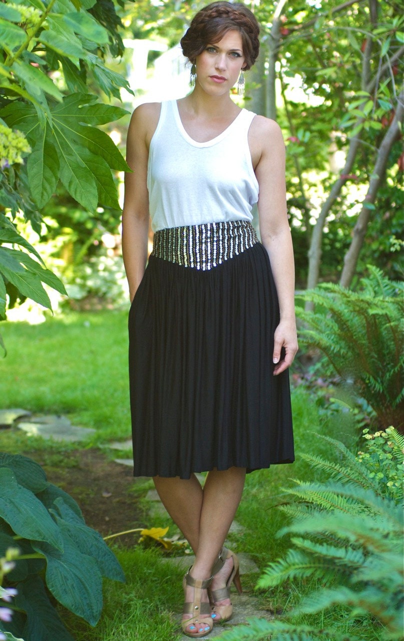 SALE VTG 80s Sequin Black Full Circle Skirt S/M