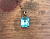 Vintage Glass Aquamarine Rhinestone Jewel Necklace in Aged Brass Something Blue Wedding Jewelry Cushion Shaped