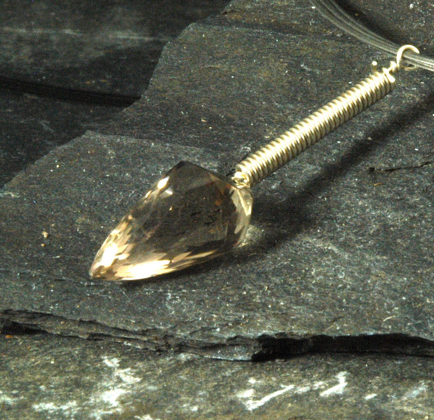 Smoky Quartz Bullet, faceted,( Unique Cut), and Sterling on S.Steel cable: 16", 18" ,or Custom