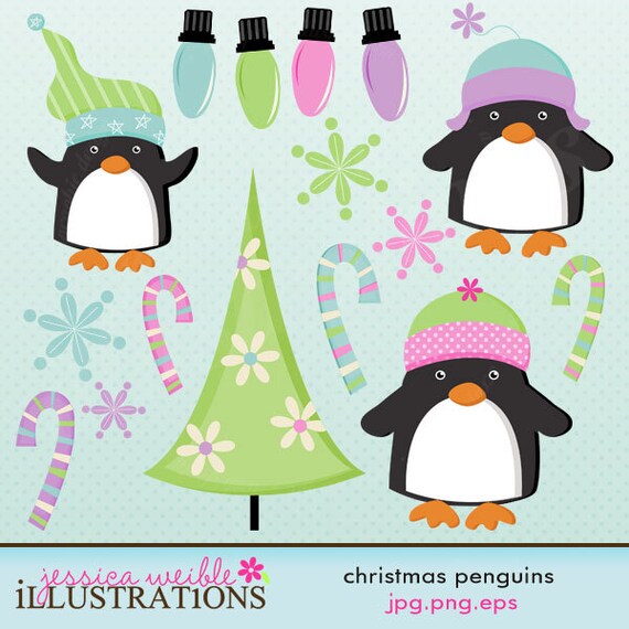 Christmas Penguins Cute Digital Clipart for Card Design, Scrapbooking, and Web Design Il_570xn