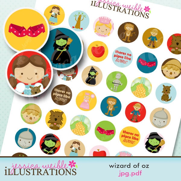 Wizard of Oz Theme Printable 1 inch Circle Collage Sheet, 1-inch Bottle Cap Circles, Digital File Il_570xn