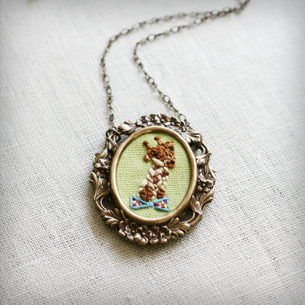 Mr. Giraffe- hand embroidered necklace