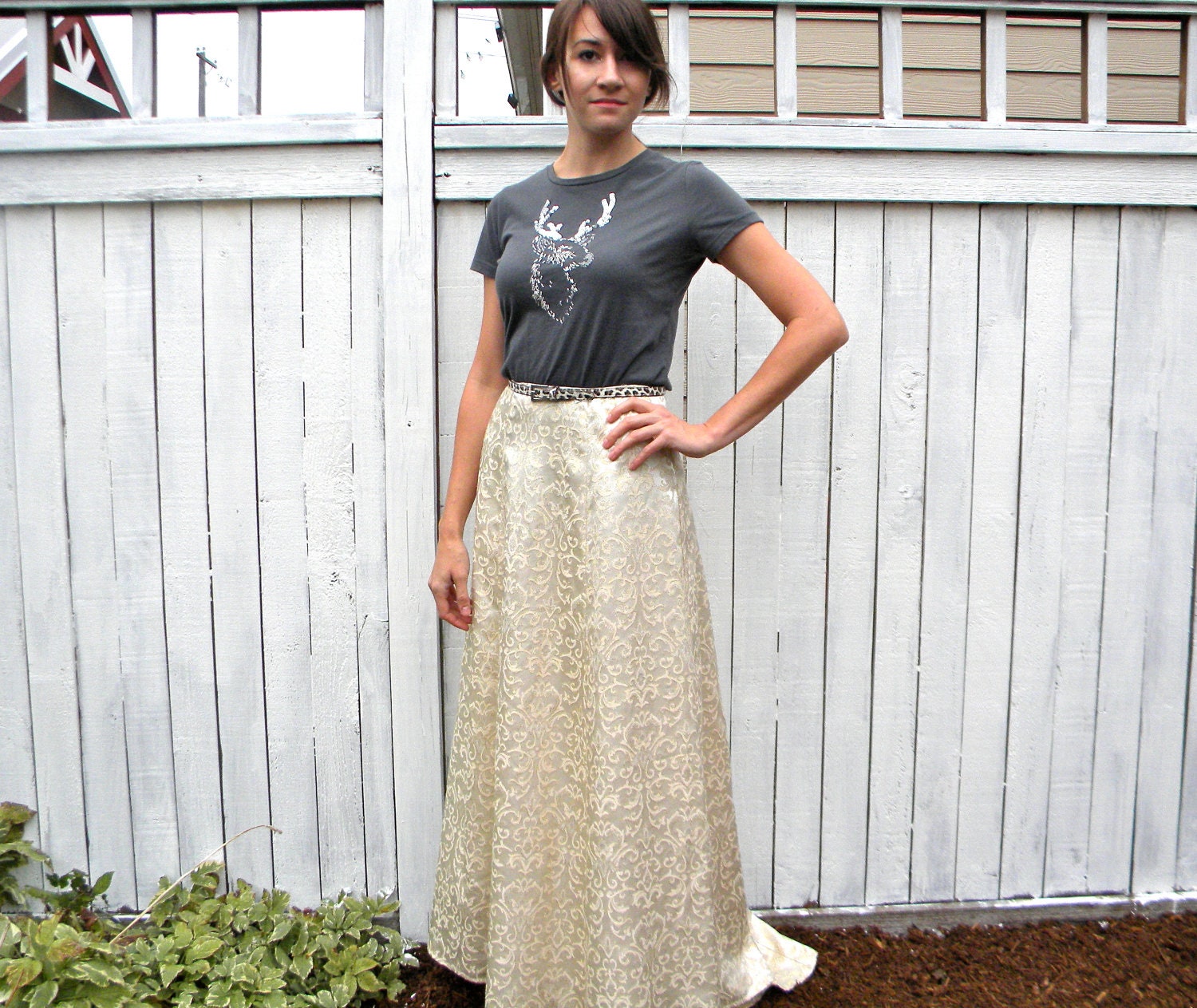 Shimmering Party 80s Gold & Ivory Brocade Floral Maxi Skirt with Train, Fishtail