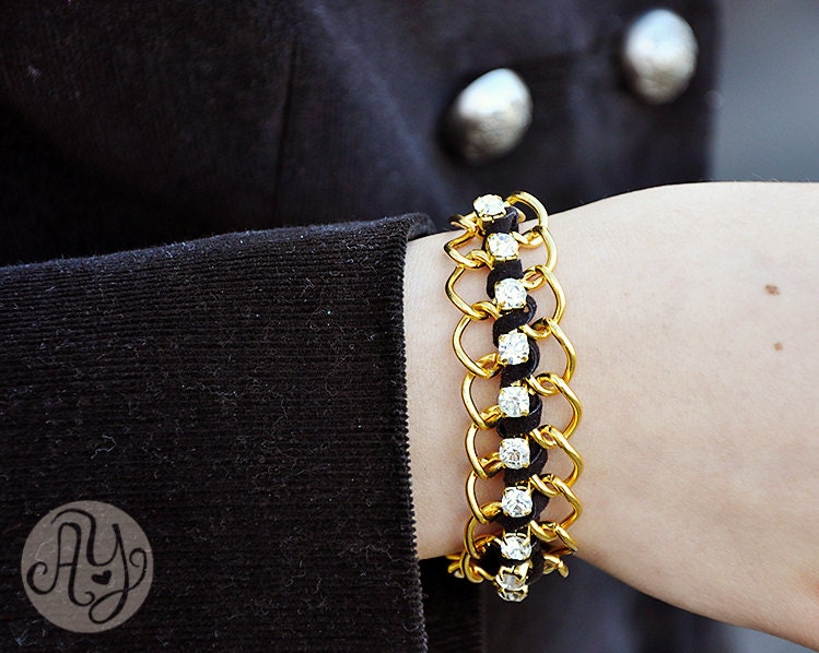 Classic Black Chain and Rhinestone bracelet - Adjustable