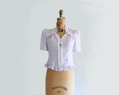 70s blouse - vintage 1970s blouse - Victorian Revival - lilac purple - lace trim - puffed sleeves -
