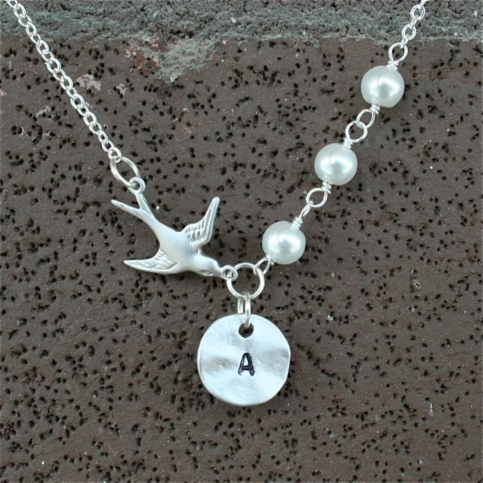Bird Necklace, Custom Initial Necklace, Bird with Pearl, Personalized Necklace, Sterling Silver chain available