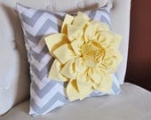 Decorative Pillow- Light Yellow Dahlia on Gray and White Zigzag Pillow -Chevron Pillow-
