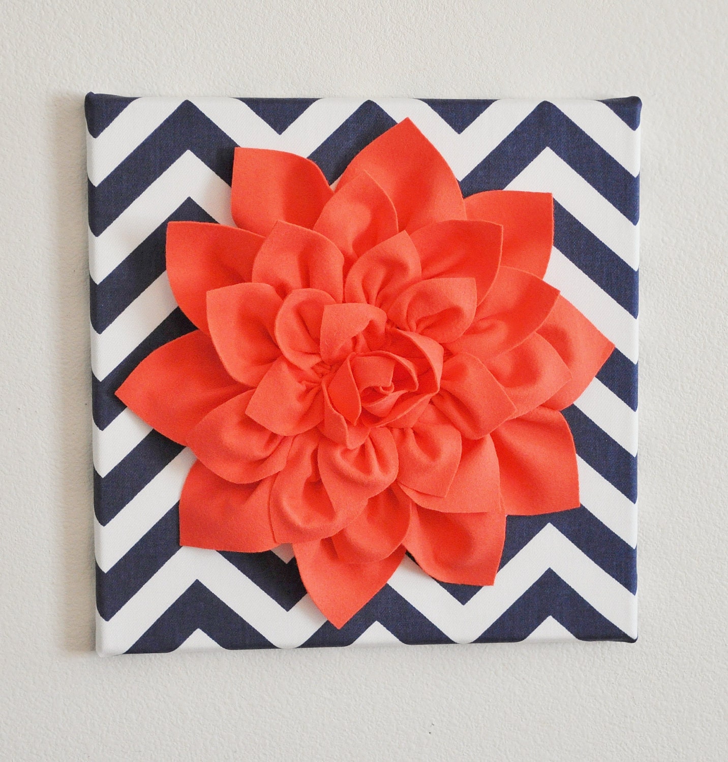 Wall Flower -Coral Dahlia on Navy and White Chevron 12 x12" Canvas Wall Art- 3D Felt Flower