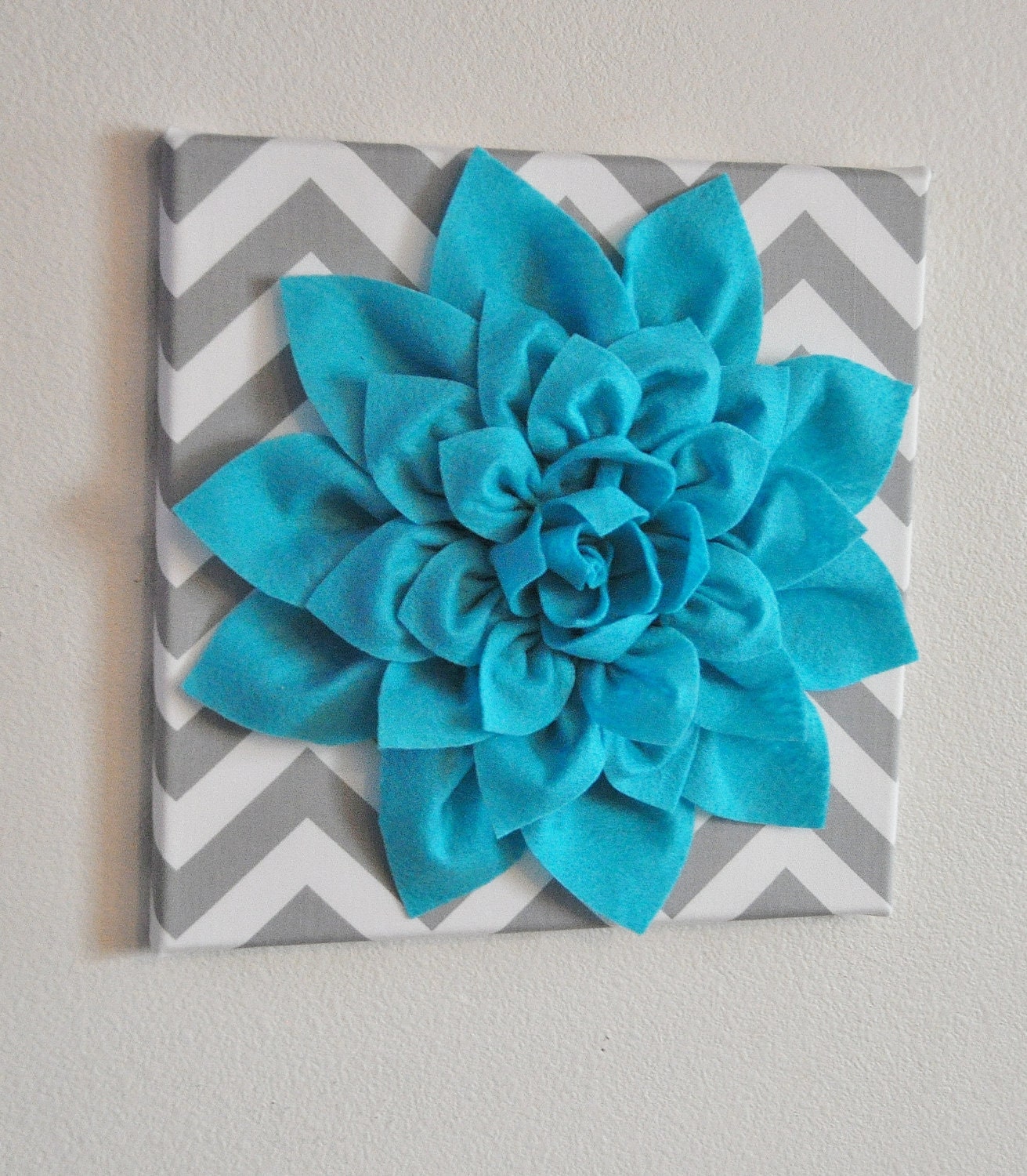 Wall Flower -Light Turquoise Dahlia on Gray and White Chevron 12 x12" Canvas Wall Art- Baby Nursery Wall Decor-