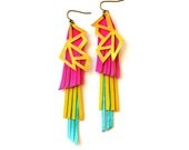 Neon Earrings Metallic Geometric Color Block Triangles and Fringe