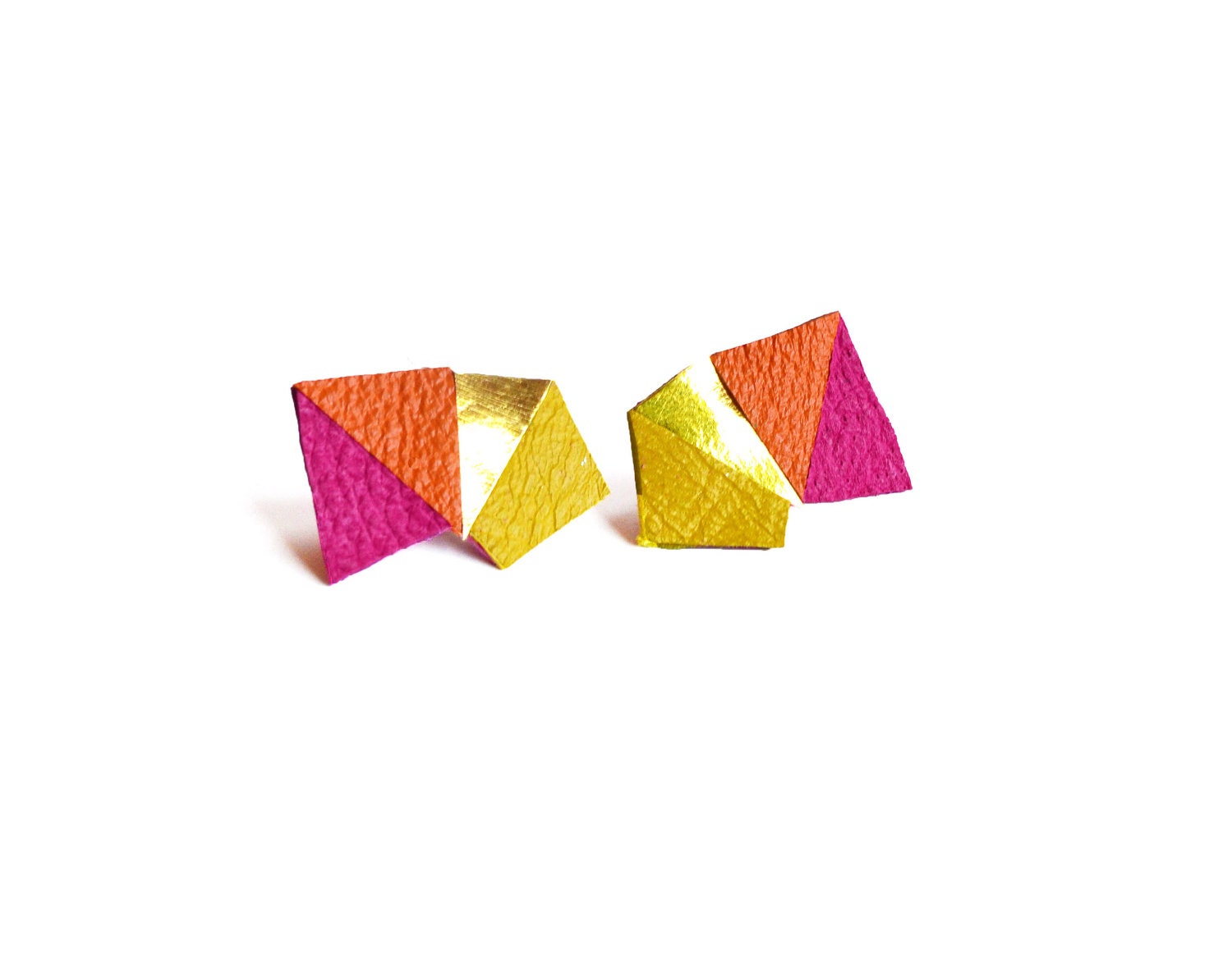 Neon Leather Post Stud Earrings Geometric Triangle Color Block