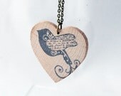 Songbird hand stamped wooden heart pendant necklace