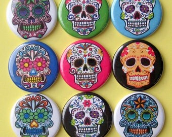 Sugar Skulls Magnets - Set of Nine 1.25 Inch Button Magnets in a Tin