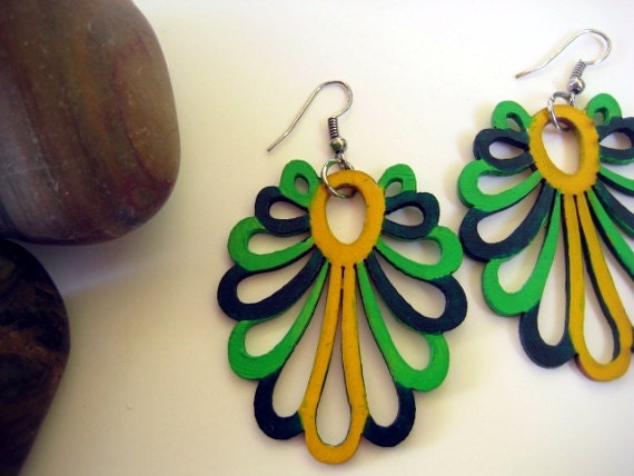 Laser Cut Petal earrings -Handpainted wood Lime Yellow Midnight green color block fashion jewelry