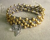 Boho crochet wrap bracelet, fine silver charm, metallic gold beads, gypsy cowgirl bracelet, bohemian jewelry, long strand necklace, fall