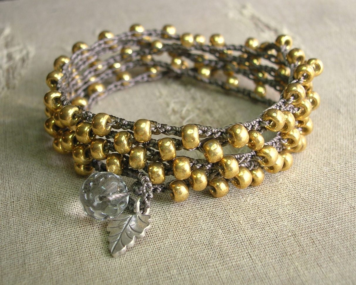 Boho crochet wrap bracelet, fine silver charm, metallic gold beads, gypsy cowgirl bracelet, bohemian jewelry, long strand necklace, fall