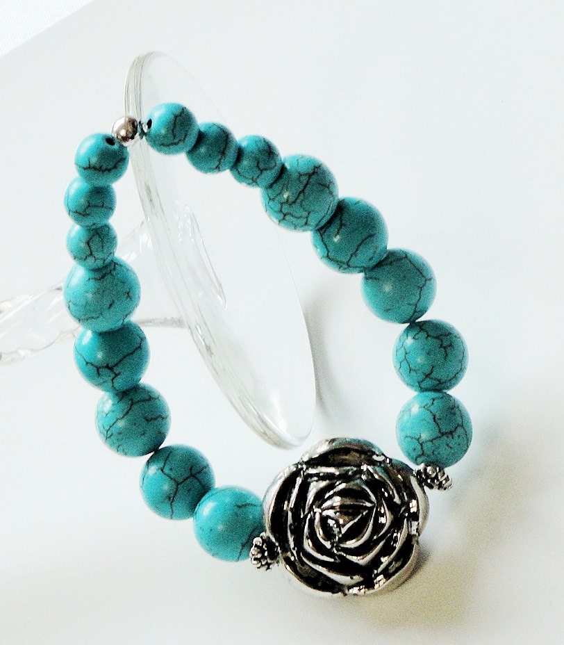 Mothers Day Jewelry - Blue Turquoise Elastic Silver Flower Bracelet/ Blue Stretchy Gemstone Bracelet