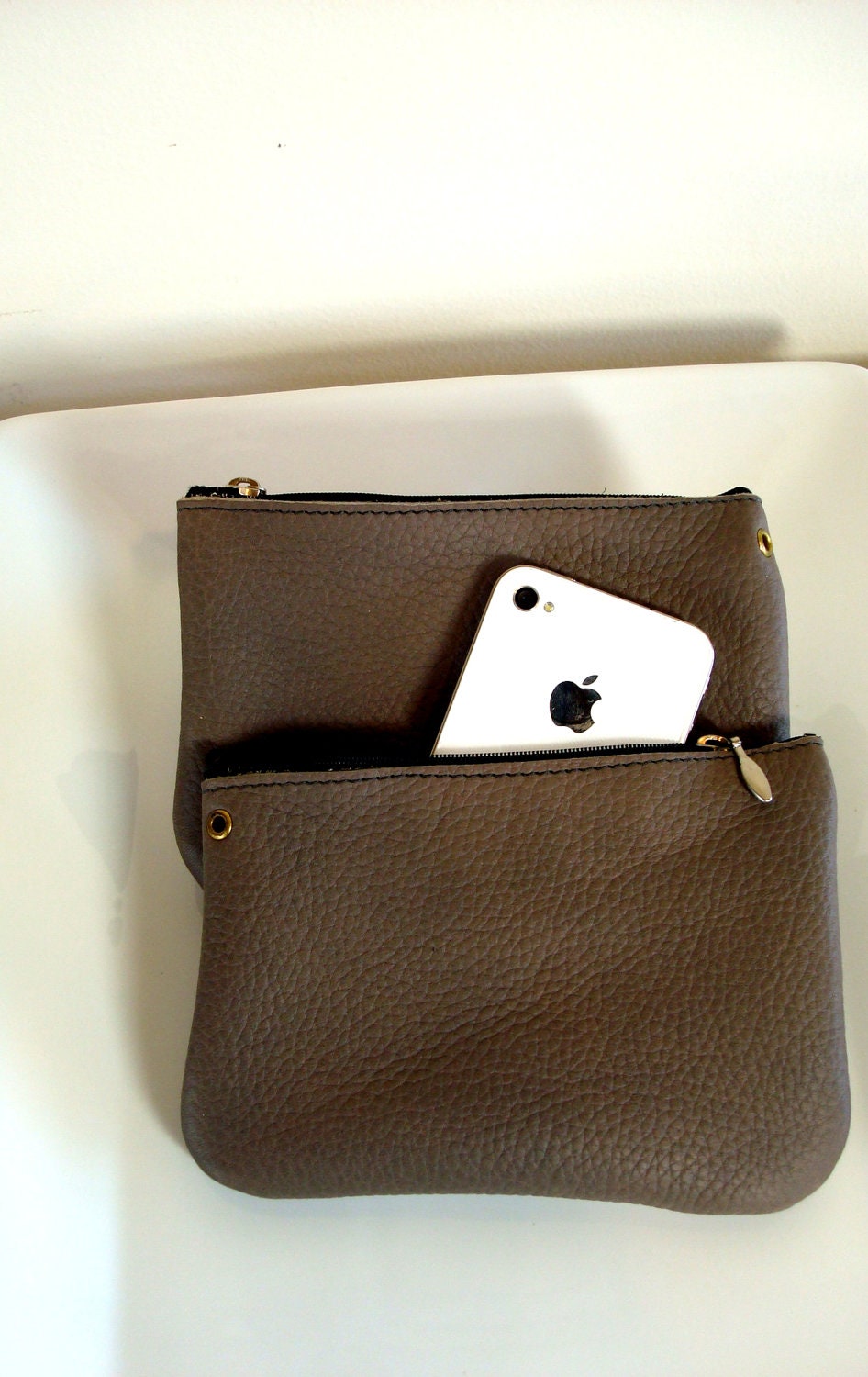 Handmade Grey Pebble Textured Leather zippered Coin Purse or Clutch
