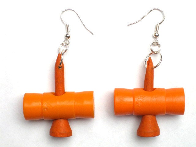 HYPERCLASH Earrings Golf Tee & Plastic Toy Parts Neon Orange Wood Handmade USA Repurposed Upcycled Recycled Reclaimed Eco Friendly Accessory