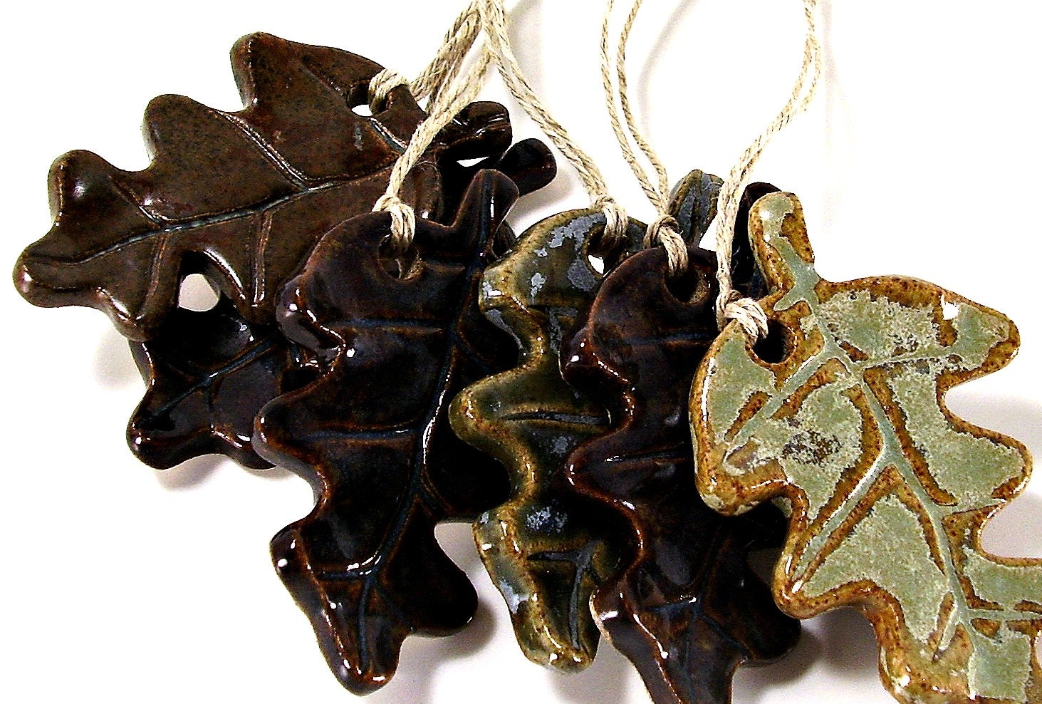 three ceramic leaf ornaments christmas ornaments gift tags home decor rustic winter frost brown and blue handmade stoneware pottery