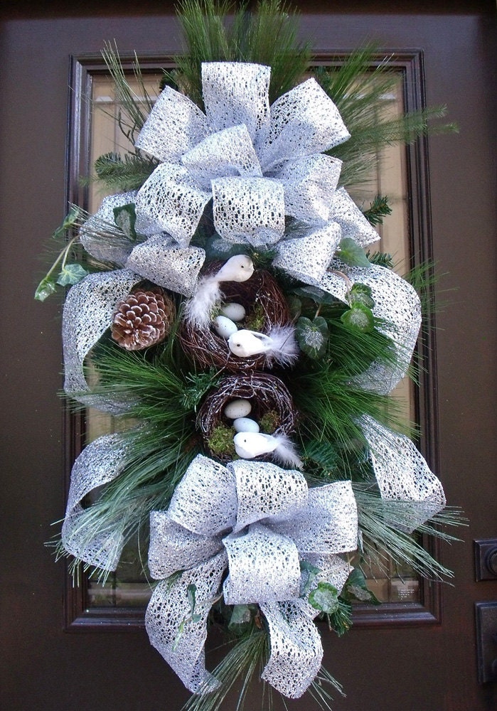 Silver Christmas Wreaths, Bird Wreath, Door Decor, Winter Wreath, Christmas Swag, XXL