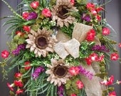 Burlap Sunflower Wreaths, Floral Door Wreath, Wreaths For Door Summer, Red and Purple