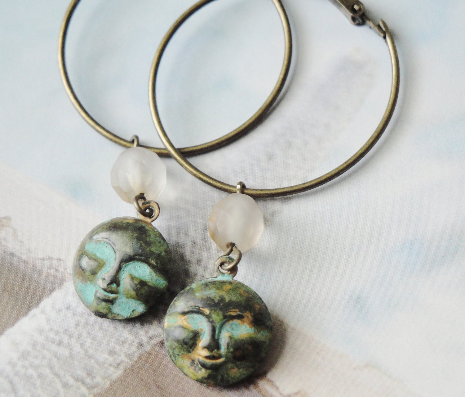Man/Woman In The Moon  Verdigris Patinaed Moon Face Hoop Earrings