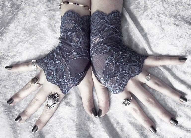 Allaire Lace Fingerless Gloves - Navy Denim Floral - Gothic Vampire Wedding Fetish Lolita Elegant Dark Tribal Burlesque Caberet Bohemian