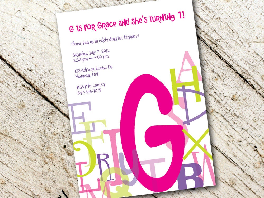 Personalized Alphabet Theme Birthday Invitation (Digital File) -- Also available as Printed Cards