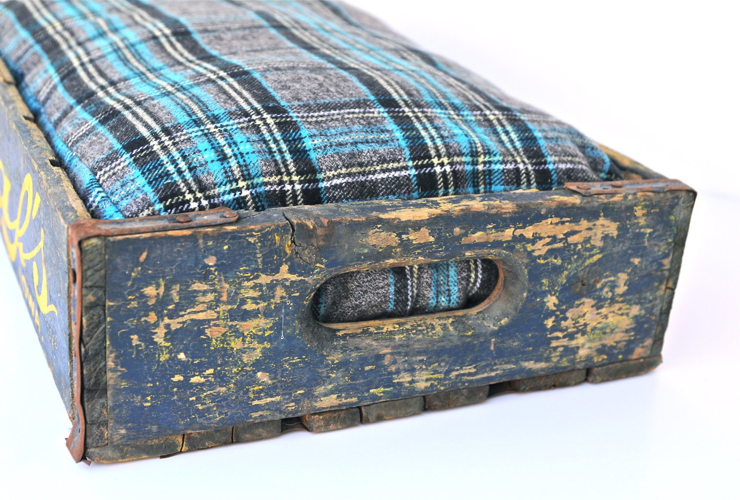 Vintage Luxury Soda Crate Pet Bed - Graf's Bottling Works Iowa - Navy Blue and Yellow